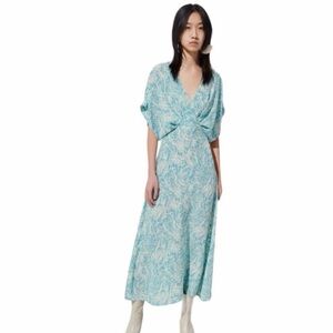 NWOT Rachel Comey Silk Double V-Neck Isarco Dress in Aqua Strokes Size 6